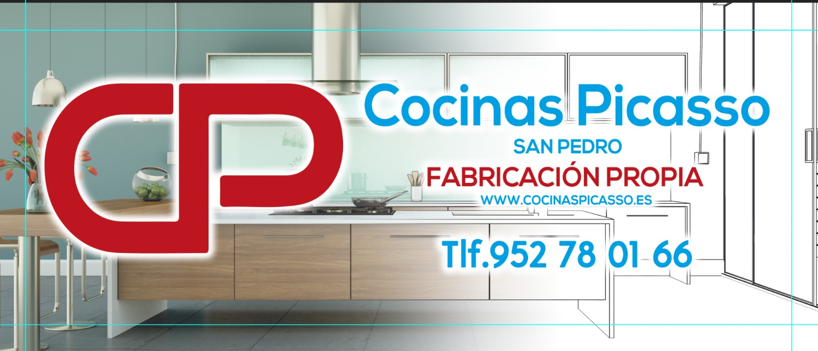 Logo y datos de contacto de Cocinas Picasso. Fabricación propia. Teléfono 952780166